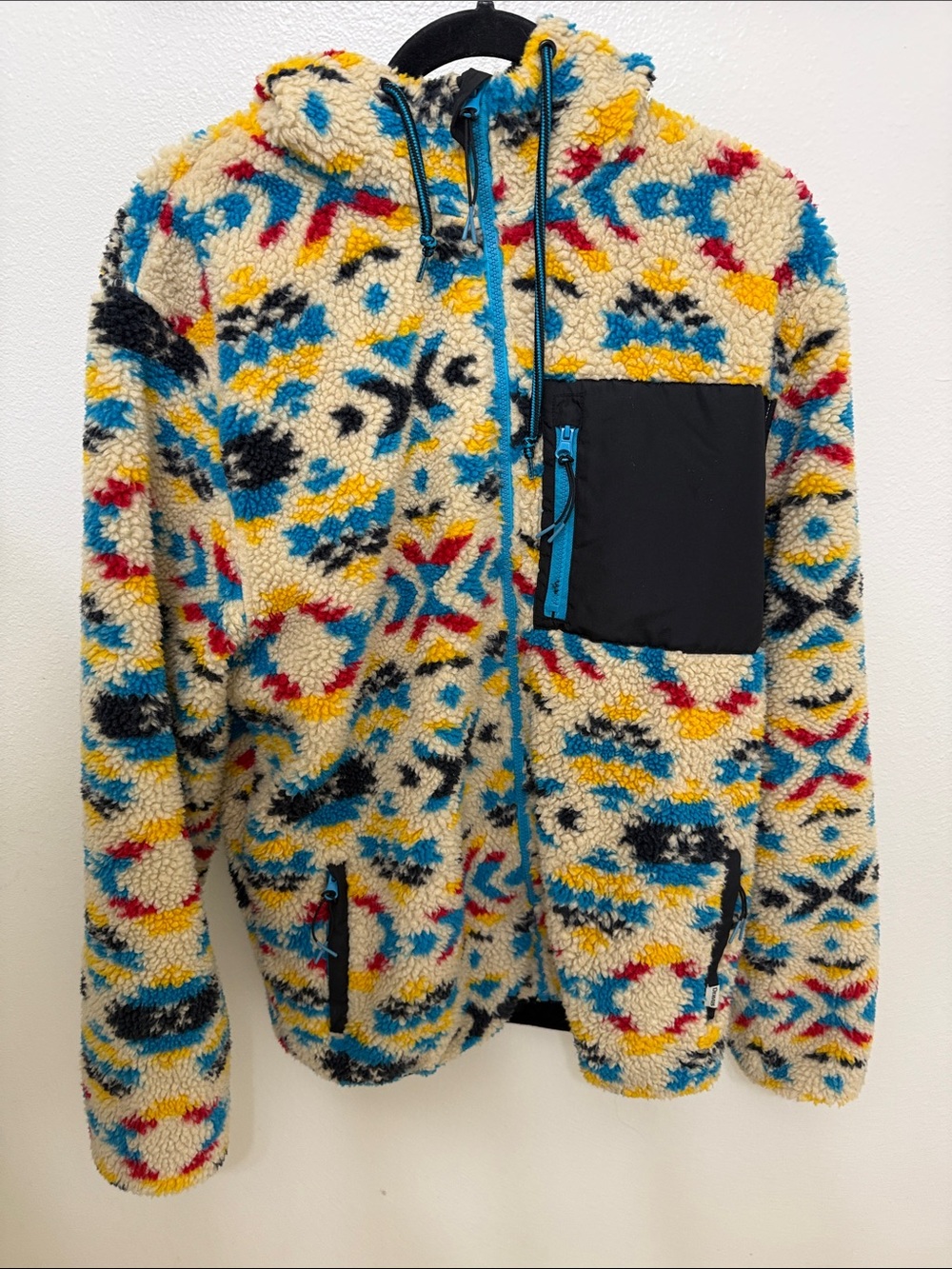 Cream Sherpa Zip-Up Sweater Jacket with Multicolor Aztec Pattern